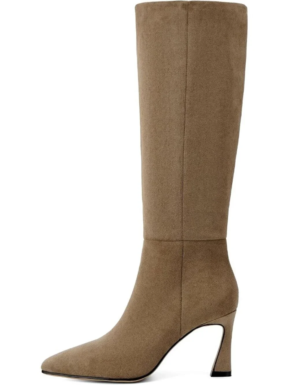 Women's Camel Faux Suede Square Toe Side Zipper Fashion Heeled Tall Boots